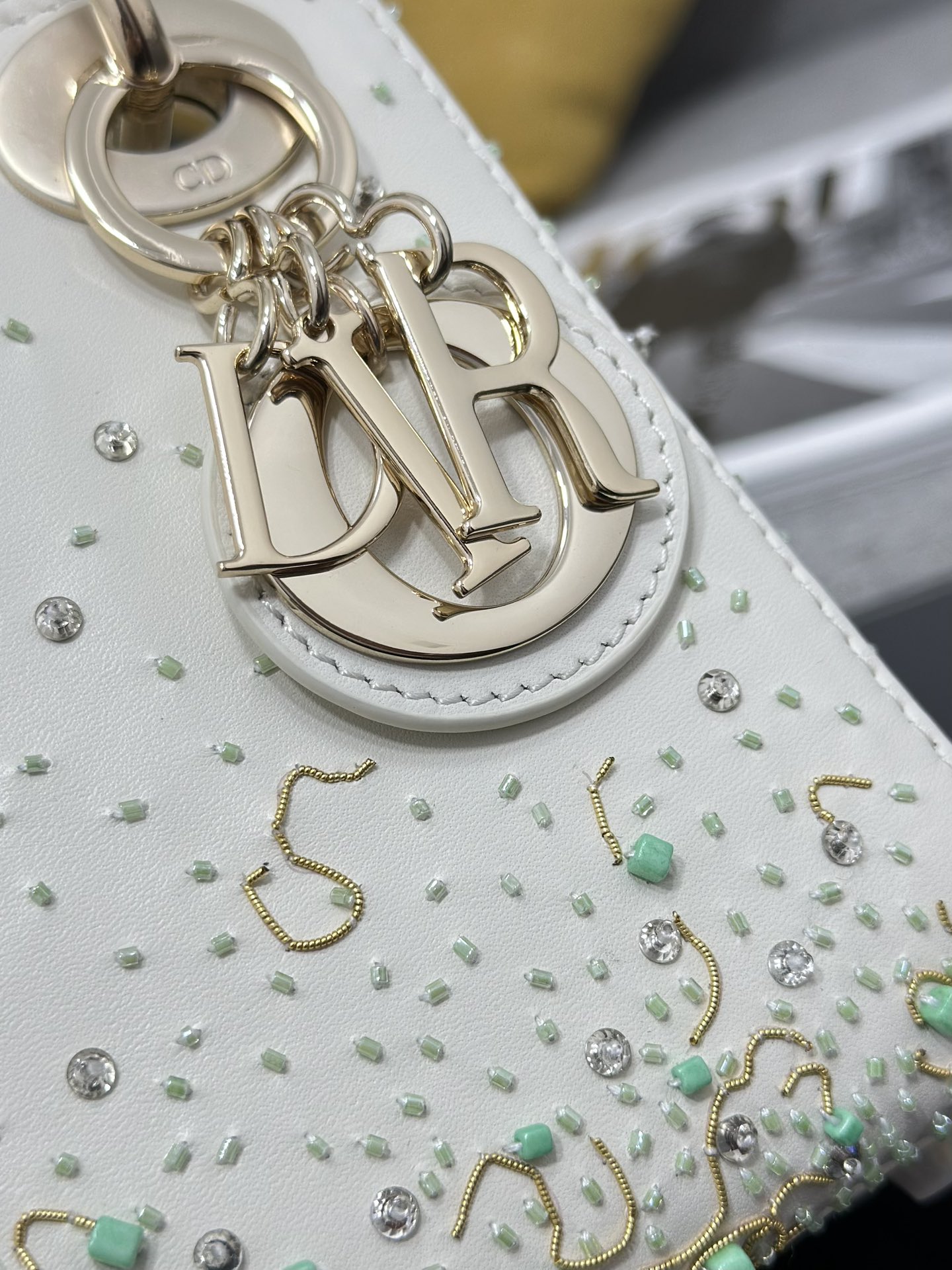 Mini Lady Dior Bag White Calfskin Embroidered with Mint Green Bead